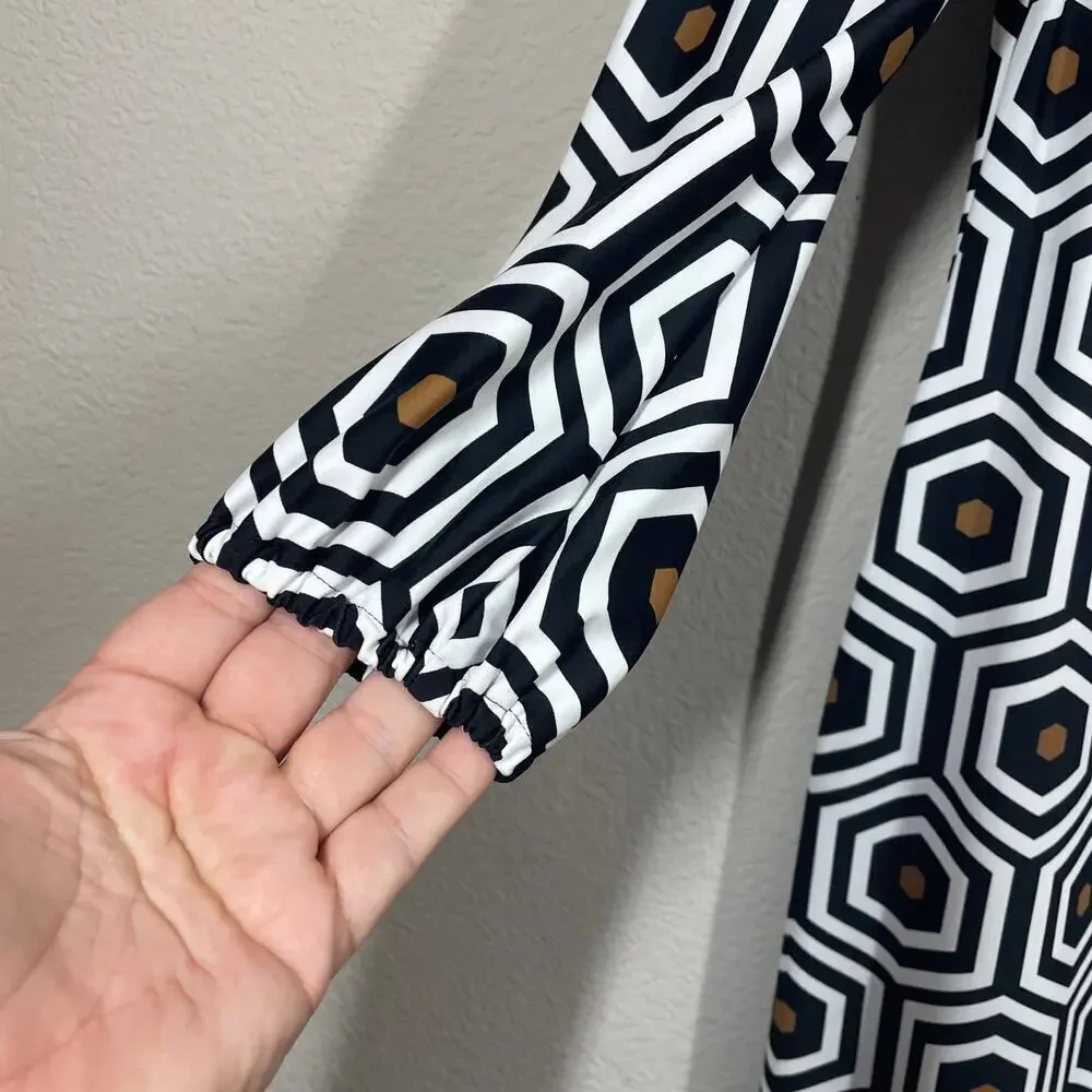 Jude Connally Small Geo Honeycomb Shift Dress Black White Crew Neck Long Sleeves - Picture 7 of 7